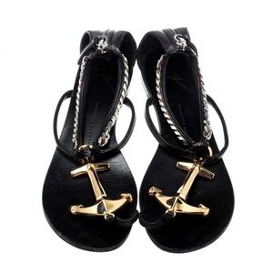 Giuseppe Zanotti Black Leather Gold Anchor Strap Flat Sandals Size 37